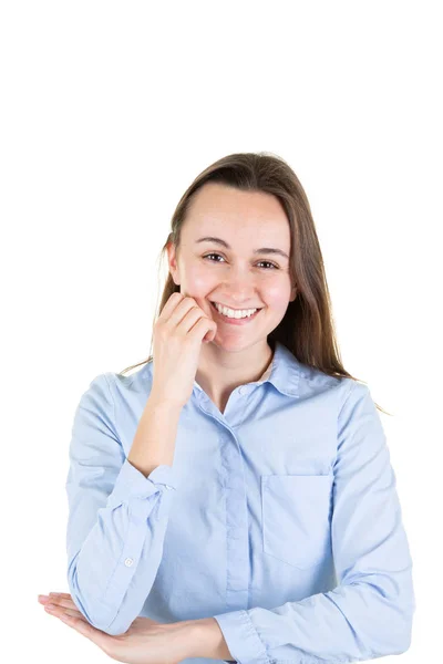 Retrato Mujer Negocios Encantadora Sonriente Sobre Fondo Blanco — Foto de Stock