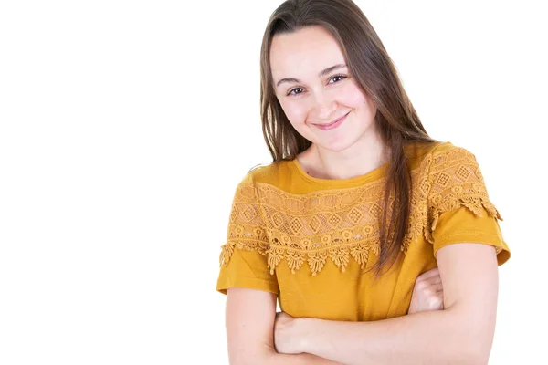 Mujer Confiada Joven Mujer Caucásica Camisa Amarilla Casualmente Pie — Foto de Stock