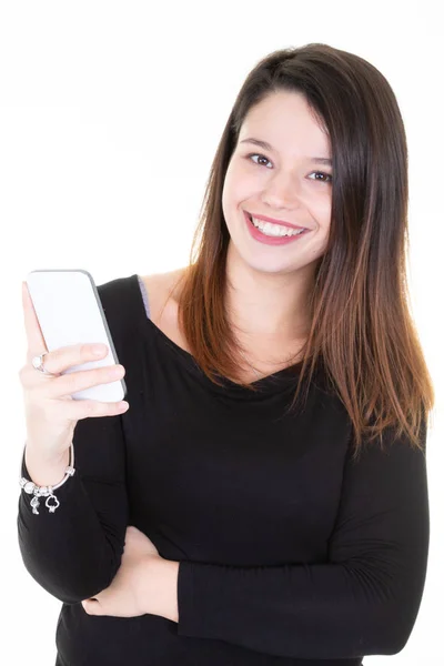 Feliz Joven Con Teléfono Celular Fondo Blanco — Foto de Stock