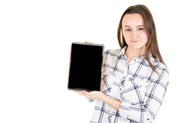 Smiling Woman Showing Empty Black Tablet Screen — Stock Photo, Image