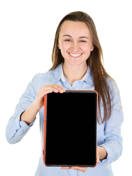 Smiling Teacher Student Holding Tablet Black Blank Screen — Stock Photo, Image