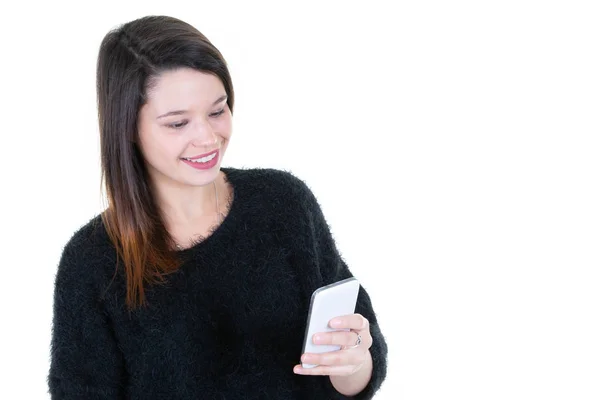 Mujer Joven Leyendo Mensaje Teléfono Blanco Copia Espacio Blanco Fondo —  Fotos de Stock