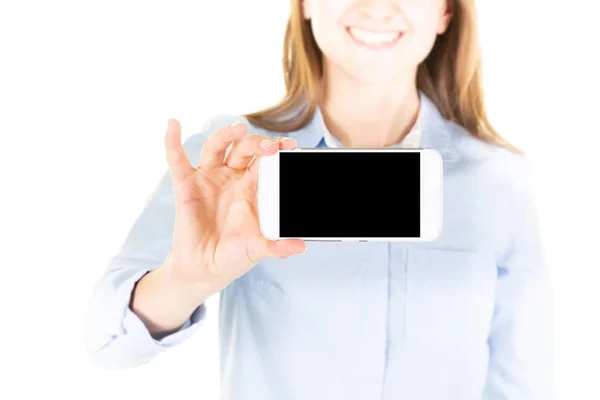 Young Girl Showing Mobile Phone Empty Blank Black Screen — Stock Photo, Image