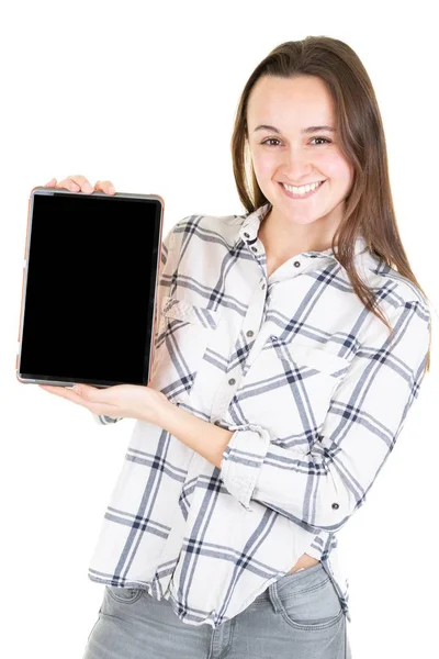 Cheerful Woman Holding Touchpad Tablet Computer Black Empty Screen — Stock Photo, Image