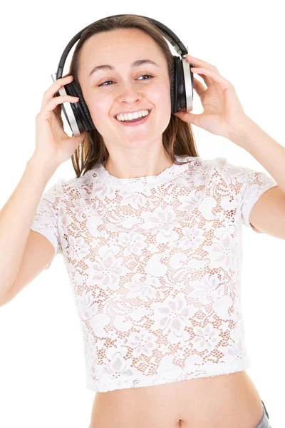 Chica Disfruta Música Hermosa Mujer Joven Los Auriculares Escuchando Música — Foto de Stock