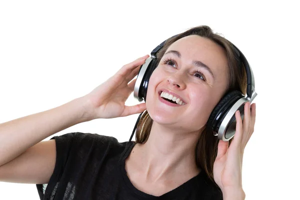 Piękna Młoda Kobieta Słuchawki Słuchać Muzyki Tańca Śpiewu Białym Tle — Zdjęcie stockowe