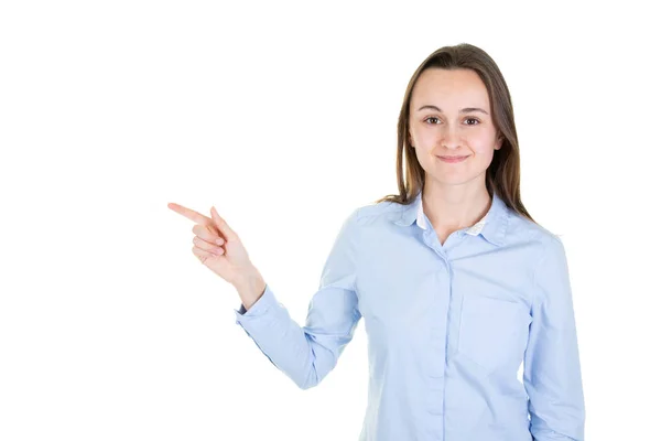 Smiling Brunette Girl Pointing Away Side Copy Space — Stock Photo, Image
