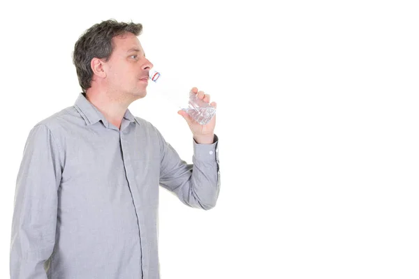 Perfil Del Hombre Agua Potable Forma Una Botella Fondo Blanco — Foto de Stock