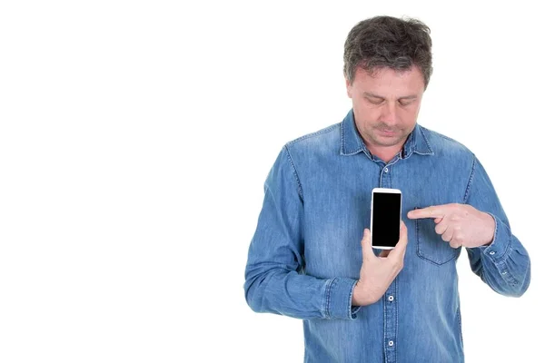 Hombre Mano Sosteniendo Negro Pantalla Vacía Teléfono Inteligente Móvil Con —  Fotos de Stock