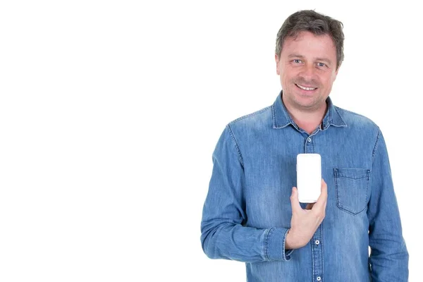 Simular Teléfono Inteligente Mano Celebración Teléfono Móvil Con Pantalla Blanca —  Fotos de Stock