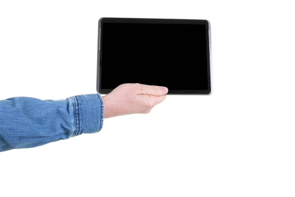 Digital Tablet Blank Black Screen Man Hand Isolated White — Stock Photo, Image