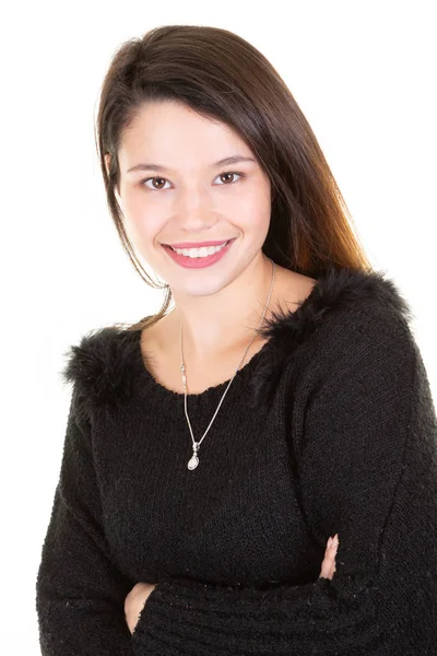 Retrato Jovem Sorrindo Mulher Olhando Câmera — Fotografia de Stock