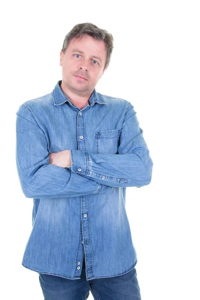 Serious Middle Aged Man Folded Arms White — Stock Photo, Image