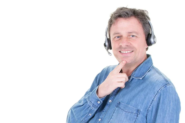 Kulaklık Hizmet Adam Temsilcisi Kulaklık Ile Telefonda Konuşuyor — Stok fotoğraf