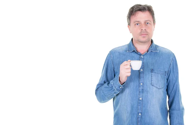 Man Drinking Cup Coffee Isolated Background — Stock Photo, Image