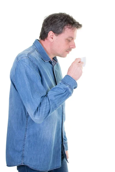 Hombre Mediana Edad Disfrutando Del Olor Café Bebida Caliente Anticipando — Foto de Stock