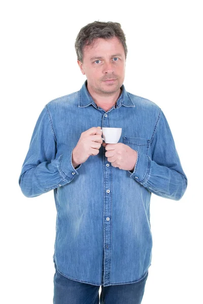 Knappe Jongen Midden Leeftijd Man Met Koffie Thuis — Stockfoto