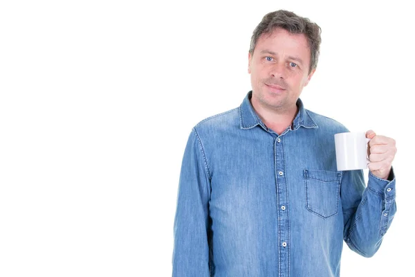 Lachende Jonge Man Met Koffiekopje — Stockfoto