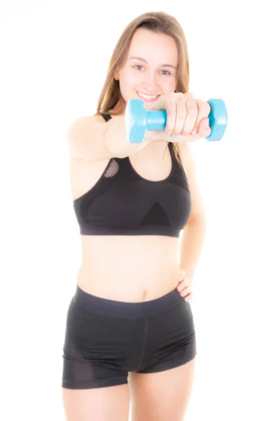 Mulher Desfocada Ginásio Exercitando Com Halteres Azuis — Fotografia de Stock