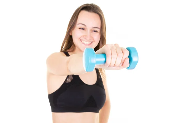 Sonriente Hermosa Joven Deportista Mujer Con Azul Mancuerna — Foto de Stock