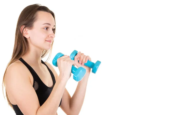 Fitness Mujer Haciendo Ejercicio Con Mancuernas Con Espacio Copia Vacío — Foto de Stock