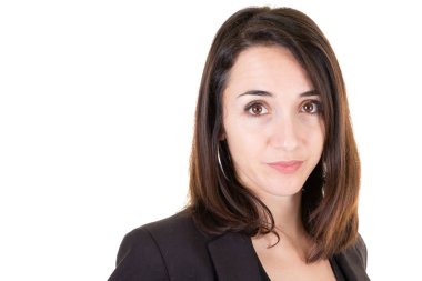Kendine güvenen portre işkadını beyaz arka plan üzerinde