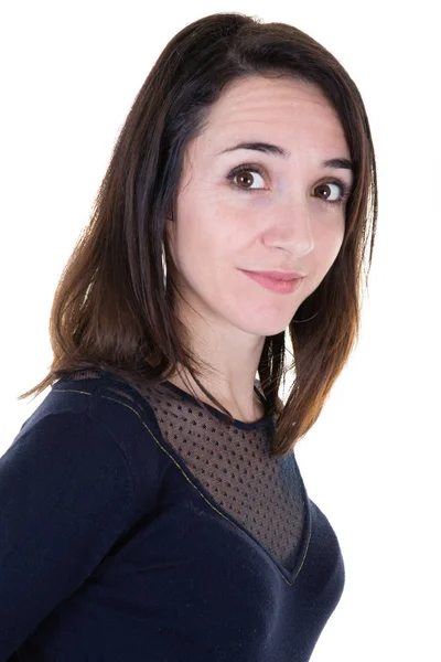 Retrato Mujer Feliz Aislada Sobre Fondo Blanco — Foto de Stock