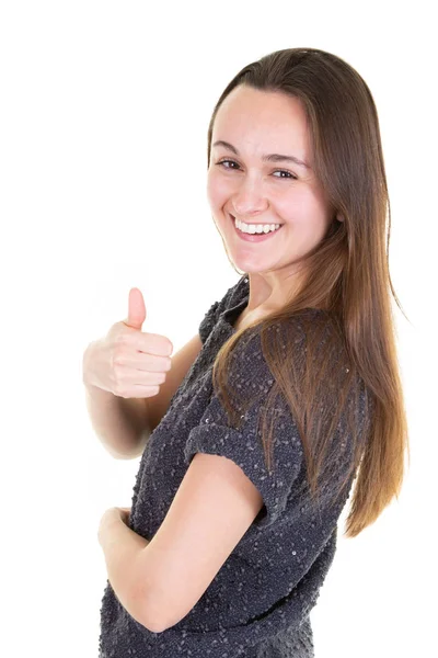 Işaret Gösteren Başparmak Ile Neşelenmeye Başarılı Genç Kadın — Stok fotoğraf