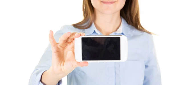 Woman Holding Showing Mobile Phone Blank Screen Empty — Stock Photo, Image