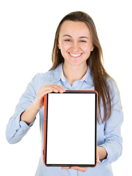 Woman Blue Business Shirt Suit Showig Blank Tablet Computer Screen — Stock Photo, Image