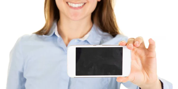 Lächelnd Nahaufnahme Geschnitten Frau Zeigt Leeren Smartphone Bildschirm Isoliert Auf — Stockfoto