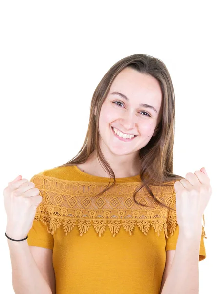 Beyaz Izole Arka Planda Zaferini Kutluyor Mutlu Genç Kadın — Stok fotoğraf