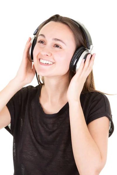 Joven Feliz Mujer Con Auriculares Mira Hacia Arriba Izquierda — Foto de Stock