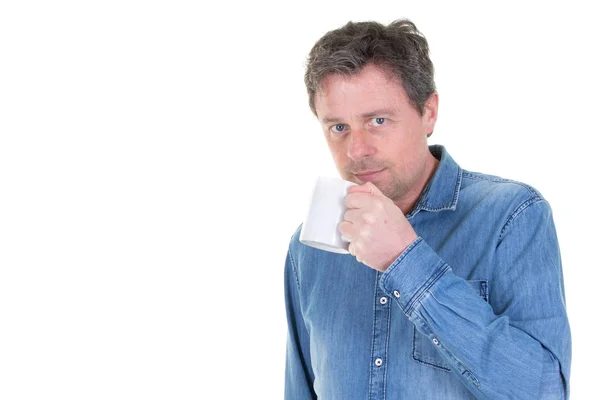 Man Jeans Blue Shirt Holding Big White Coffee Cup Mock — Stock Photo, Image