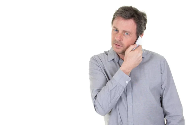 Hombre Mediana Edad Escuchando Teléfono Sobre Fondo Blanco — Foto de Stock