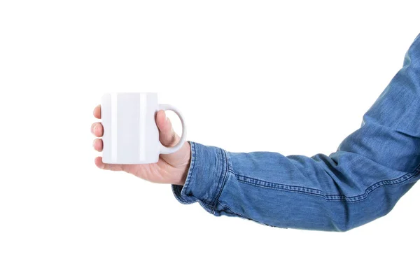 Mano Hombre Sosteniendo Café Taza Con Copia Espacio Vacío Maqueta —  Fotos de Stock