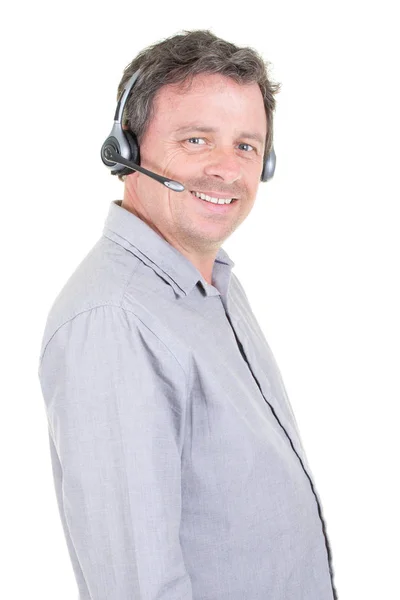 Bonito Homem Call Center Operador Isolado Vestindo Fone Ouvido Fundo — Fotografia de Stock
