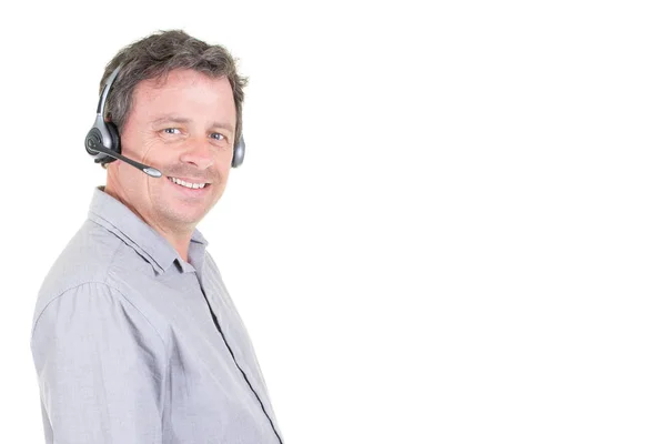 Klient Call Center Man Przedstawiciel Obsługi Rozmowy Telefon Zestawem Słuchawkowym — Zdjęcie stockowe