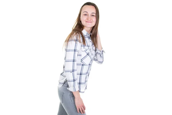 Gai Mignon Adolescent Fille Ans Isolé Sur Fond Blanc — Photo