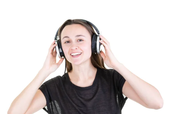 Mujer Joven Con Auriculares Escucha Música Siente Bien — Foto de Stock