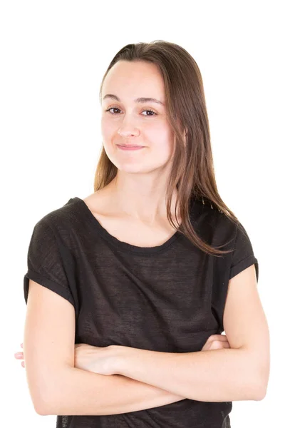 Piękna Nastolatka Patrzy Kamerę Atrakcyjna Młoda Kobieta Portret Studio Zdrowe — Zdjęcie stockowe