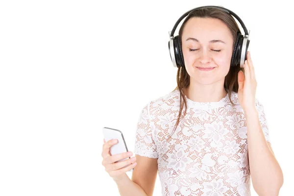 Hermosa Joven Adolescente Auriculares Escuchando Música Sonriendo Con Los Ojos —  Fotos de Stock