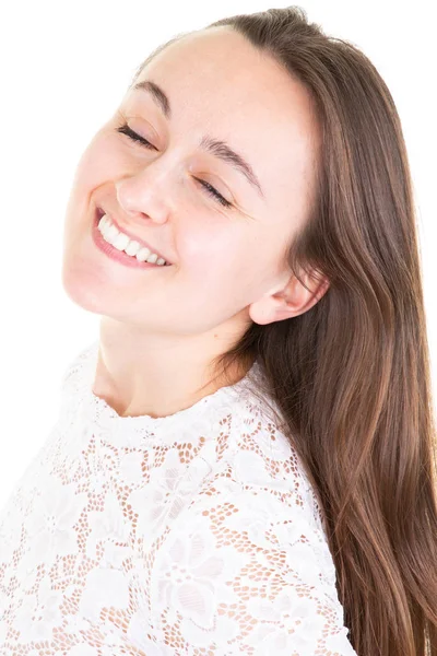 Jovem Bonita Feliz Fechado Olhos Adolescente Menina Isolada Contra Fundo — Fotografia de Stock