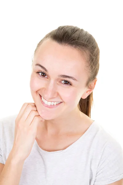 Headshot Portrait Happy Teenager Girl Smiling Looking Camera White Background — Stock Photo, Image