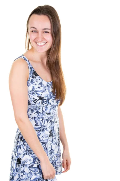 Jovem Menina Adolescente Azul Vestido Verão Fundo Branco — Fotografia de Stock