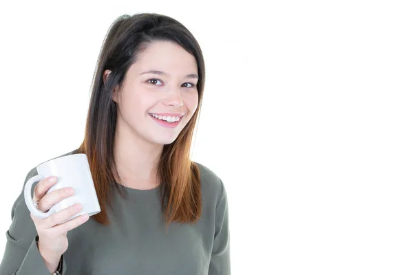 Jovem Com Caneca Xícara Chá Café Espaço Cópia Fundo Branco — Fotografia de Stock