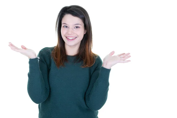 Joven Feliz Mujer Presentando Dos Producto Palma Mano Sobre Fondo — Foto de Stock