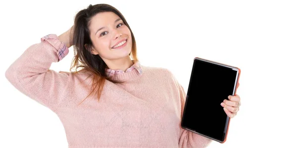 Jovem Caucasiano Mulher Muito Alegre Usando Tablet Tela Branco Preto — Fotografia de Stock