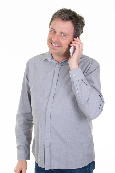 Glimlachend Gelukkig Man Praten Telefoon — Stockfoto