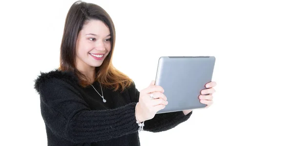 Pretty Smiling Young Woman Holding Tablet Computer Make Selfie — Stock Photo, Image